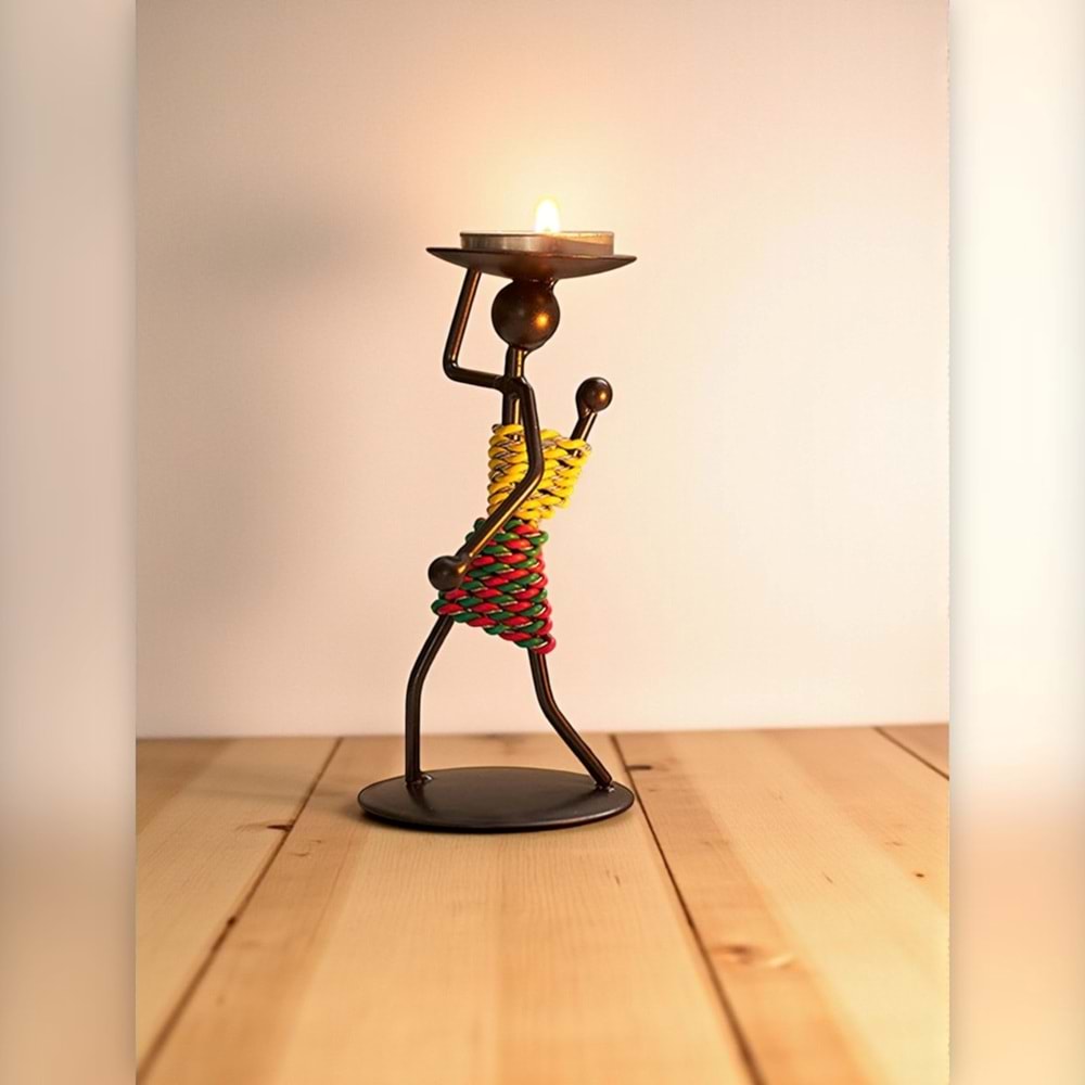 Retro Afrika Temalı Demir Mumluk / Şamdan Tutucu - Masaüstü Dekor (Yükseklik 13 cm)