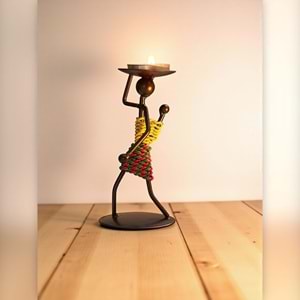 Retro Afrika Temalı Demir Mumluk / Şamdan Tutucu - Masaüstü Dekor (Yükseklik 13 cm)