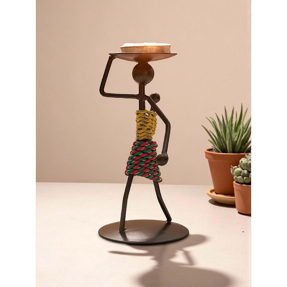 Retro Afrika Temalı Demir Mumluk / Şamdan Tutucu - Masaüstü Dekor (Yükseklik 13 cm)