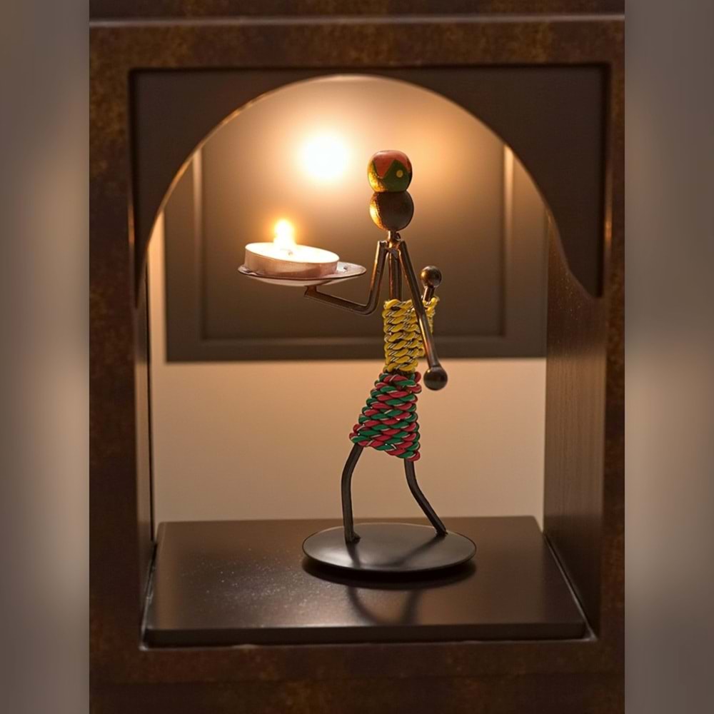 Retro Etnik Afrika Figürlü Demir Mumluk / Şamdan Tutucu - Masaüstü Dekor (Yükseklik 15 cm)