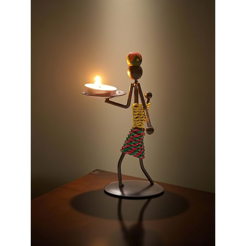 Retro Etnik Afrika Figürlü Demir Mumluk / Şamdan Tutucu - Masaüstü Dekor (Yükseklik 15 cm)