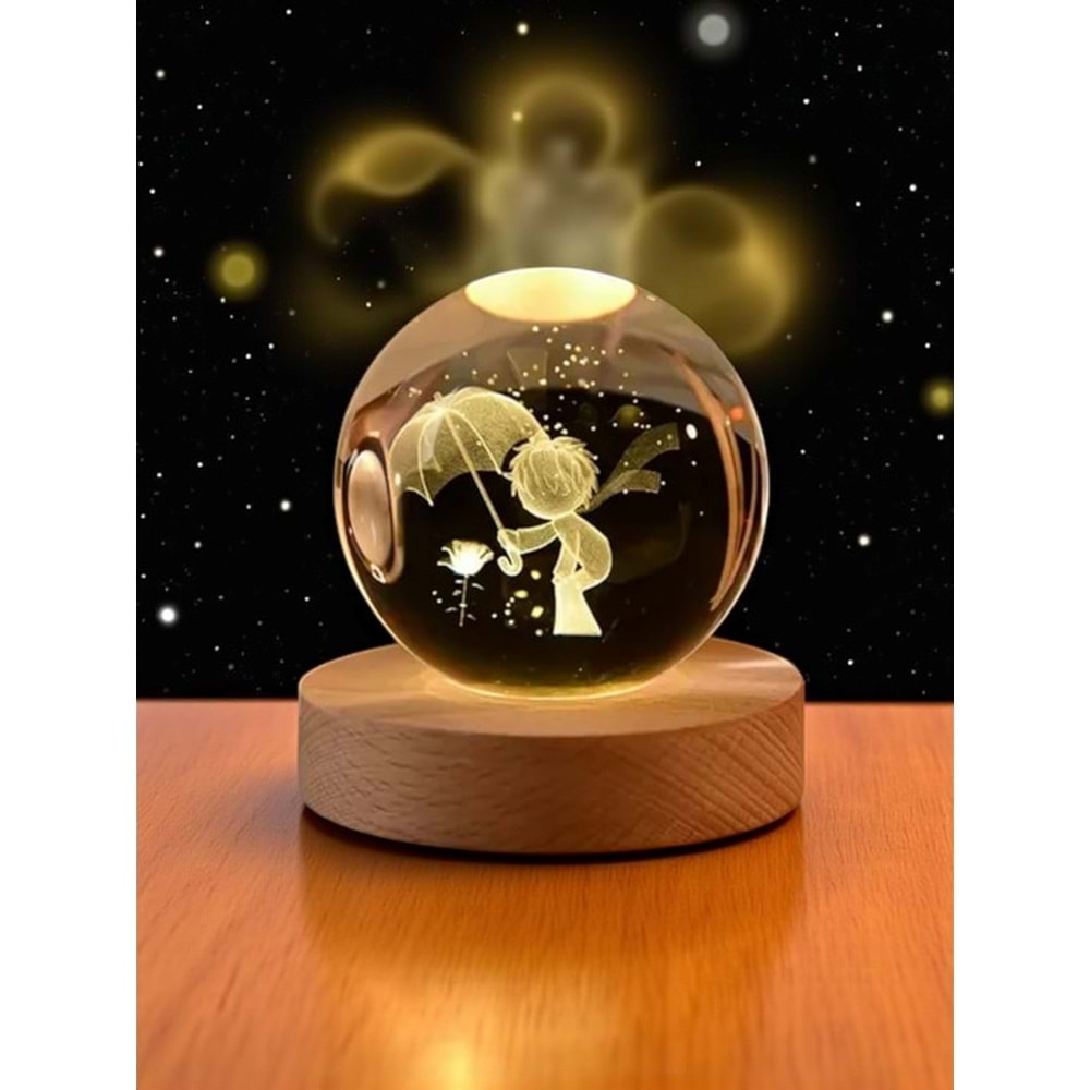 Küçük Prens (Le Petit Prince) Temalı Cam Küre Lamba – USB'li Sarı Işık Masa Dekoru (Çap 6 cm)