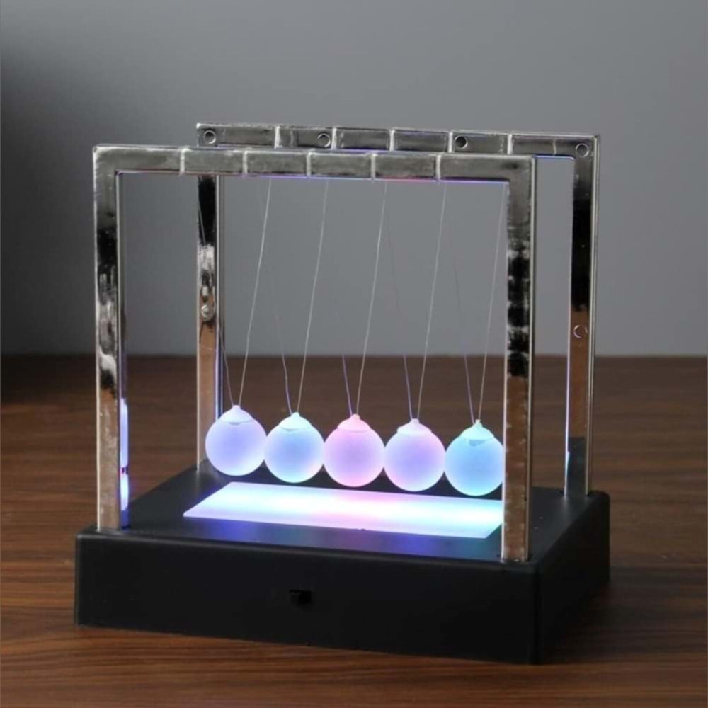 LED Işıklı Newton Beşiği – Renkli Şeffaf Denge Topları, Pilli Masaüstü Dekoratif Aksesuar