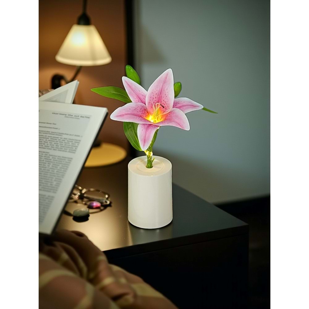 Zambak Gece Lambası Yaratıcı Dekorasyon Çiçek Yatak Odası Dekorasyon LED Çiçek Buketi 28 cm X 7,5 cm