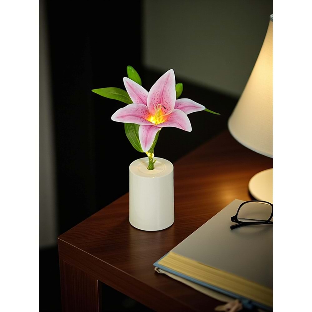 Zambak Gece Lambası Yaratıcı Dekorasyon Çiçek Yatak Odası Dekorasyon LED Çiçek Buketi 28 cm X 7,5 cm