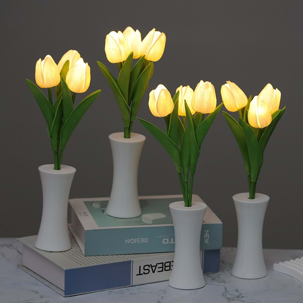 Beyaz Lale Tasarımlı Dekoratif Led Işıklı Lamba 30 cm x 5,5 cm