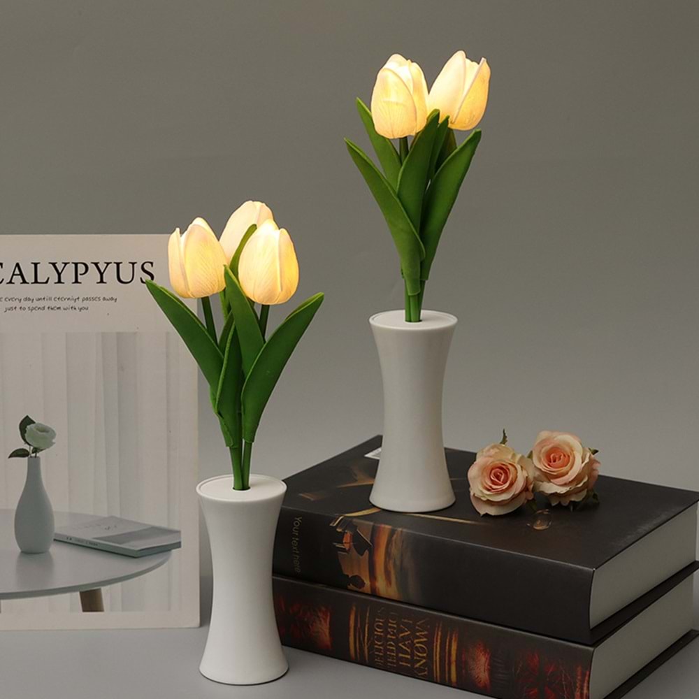 Beyaz Lale Tasarımlı Dekoratif Led Işıklı Lamba 30 cm x 5,5 cm