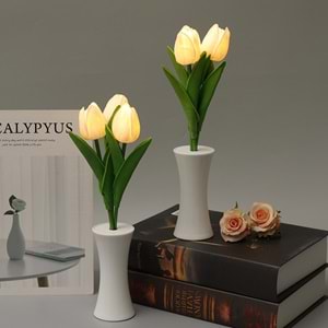 Beyaz Lale Tasarımlı Dekoratif Led Işıklı Lamba 30 cm x 5,5 cm