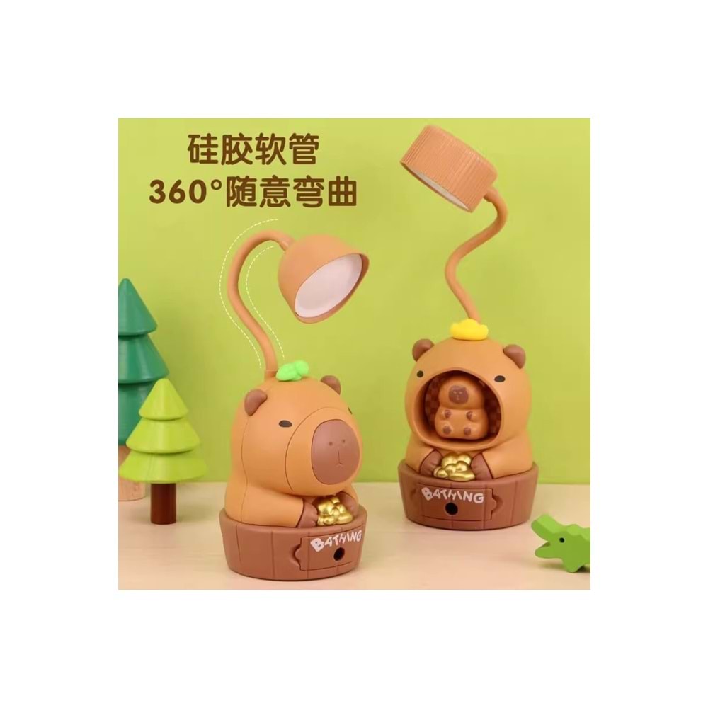 Capybara Çocuk Masa Lambası USB Şarjlı, 360° Döner Kurbağalı