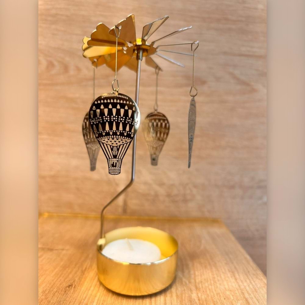 Altın Renkli Dönen Metal Mumluk Uçan Balon Tasarımlı Dilek Çanı