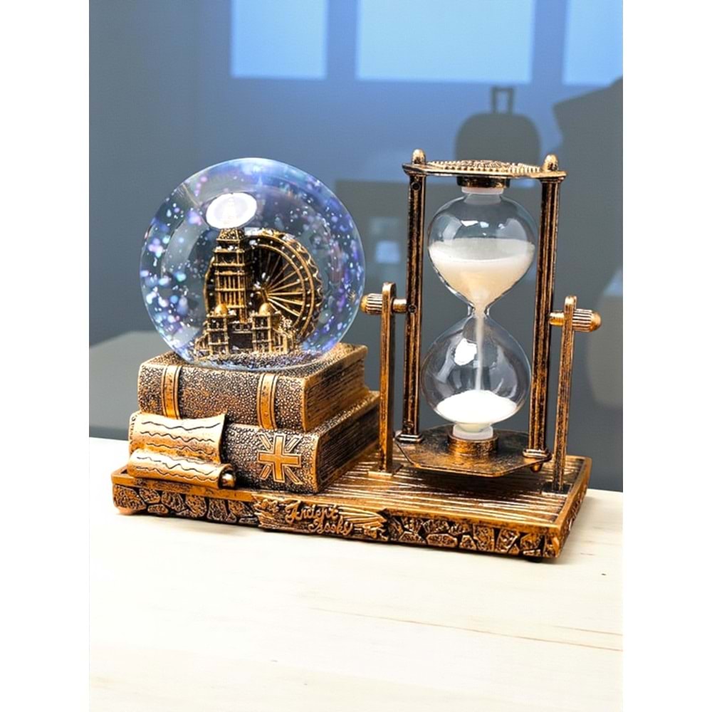Big Ben Temalı Işıklı Kum Saati ve Kar Küresi Seti – Retro İngiliz Dekoratif Biblo (16 cm)