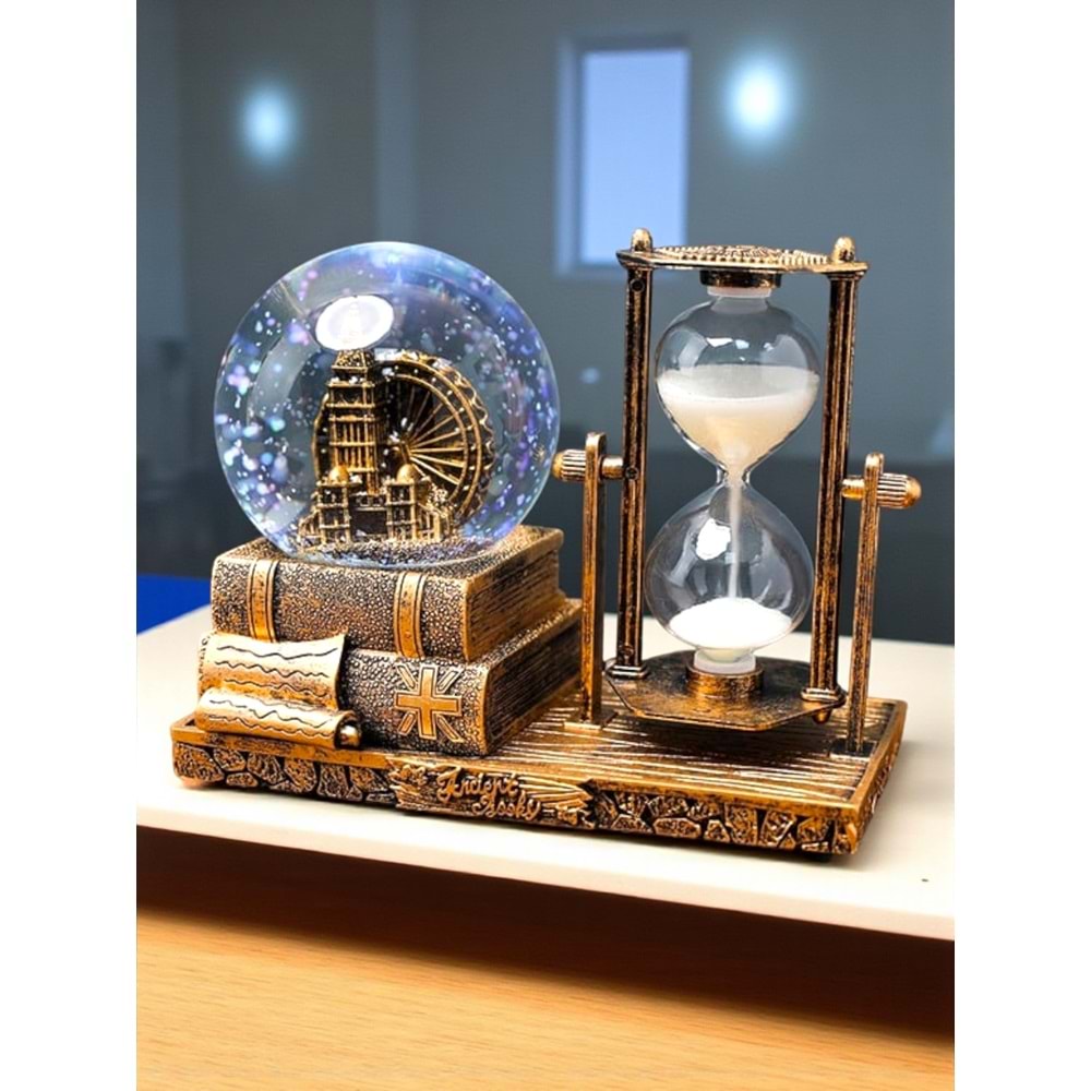 Big Ben Temalı Işıklı Kum Saati ve Kar Küresi Seti – Retro İngiliz Dekoratif Biblo (16 cm)