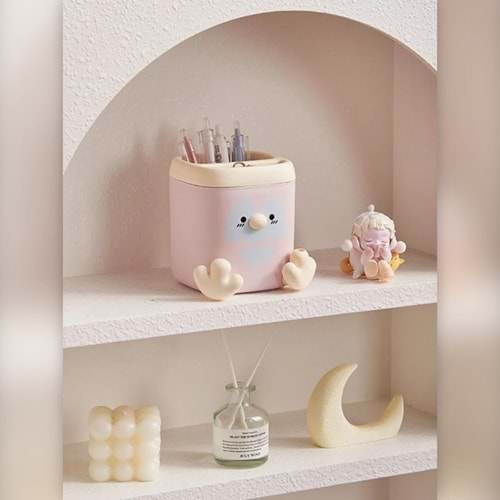 Pembe Renk Sevimli Penguen Kalemlik Kalem Kutusu ve Kalemtıraş 11x9.5x9.5 cm