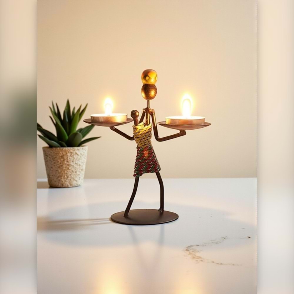 Retro Etnik Afrika Figürlü Çift Mumluk - Dekoratif Şamdan Tutucu (14 cm)