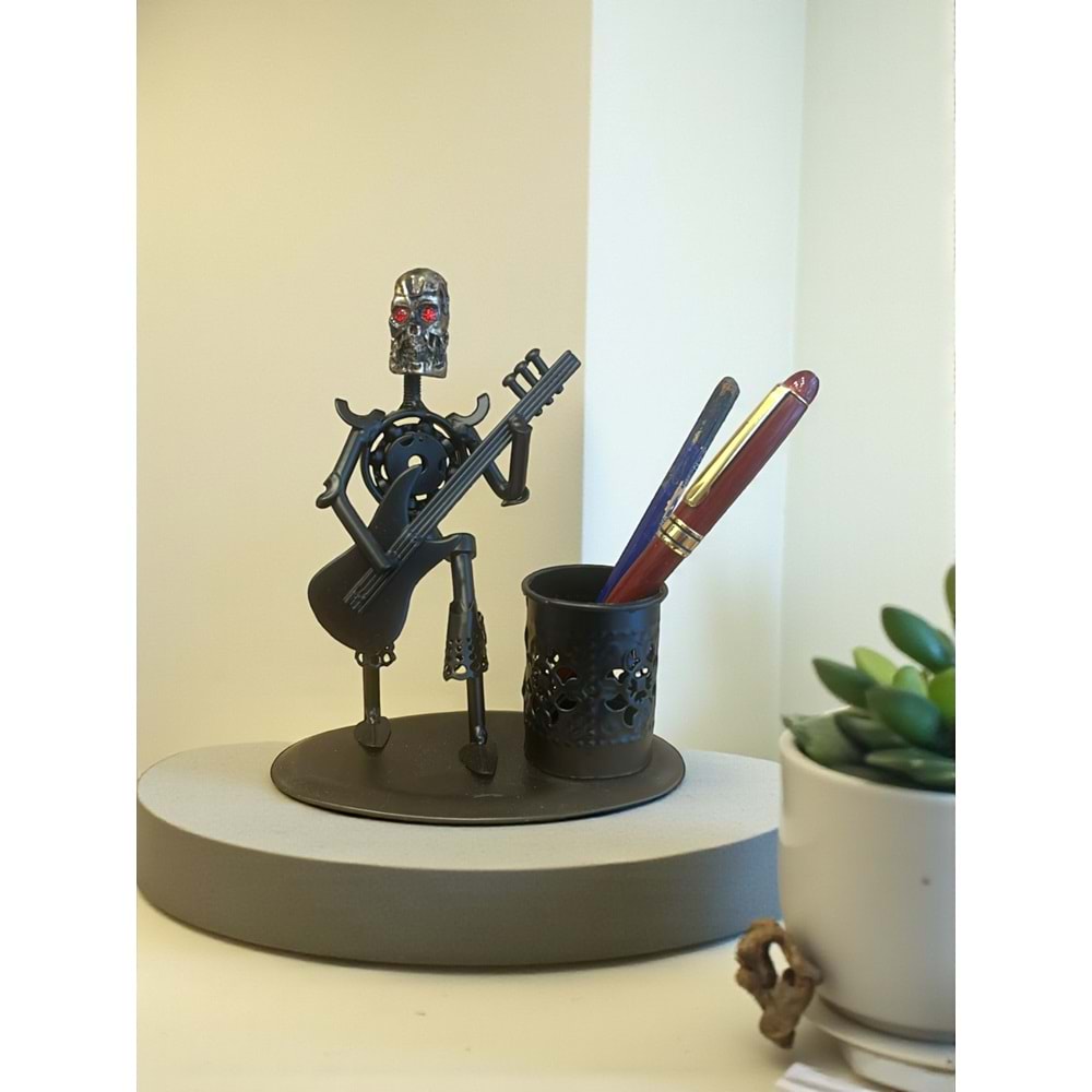 Kuru Kafa Metal Kalemlik ve Gitar Figürü – Masaüstü Organizatör (14x16 cm)