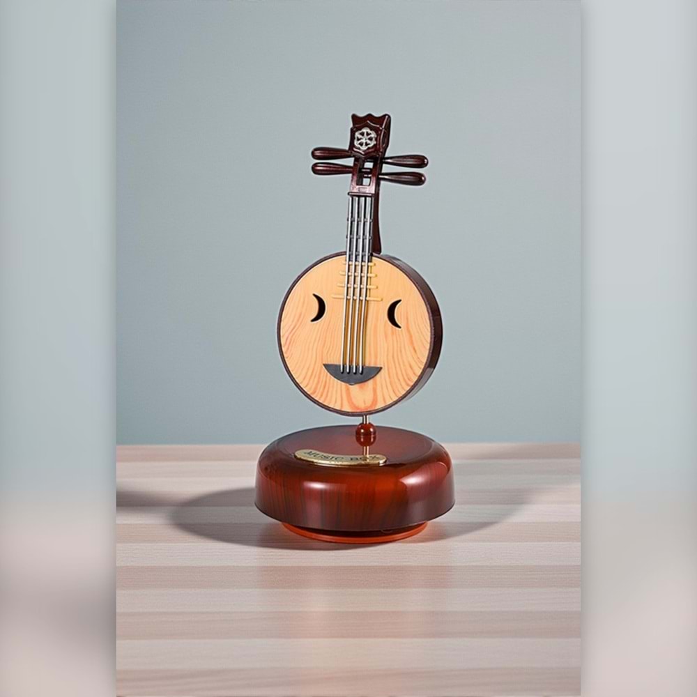 Ahşap Görünümlü Çin Pipası Tasarımlı Dönen Müzik Kutusu – Telli Çalgı Modeli Retro Dekoratif Hediye (18,5 cm)