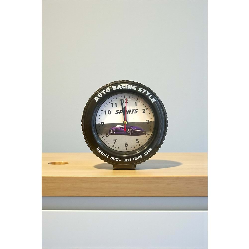 Araba Tekerleği Tasarımlı Alarm Özellikli Masa Saati – 14x14x4 cm