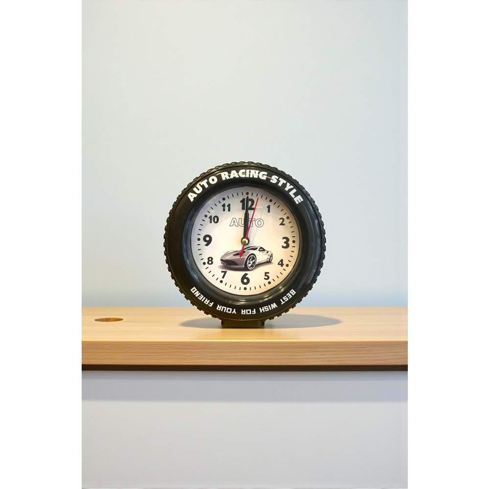 Araba Tekerleği Tasarımlı Alarm Özellikli Masa Saati – 14x14x4 cm