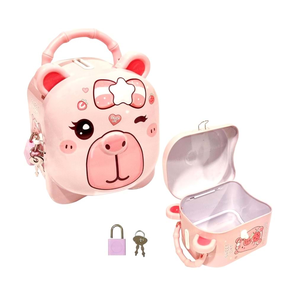Sevimli Capybara Tasarımlı Kilitli Metal Kumbara – 10.5x13x9.5 cm,Renkli
