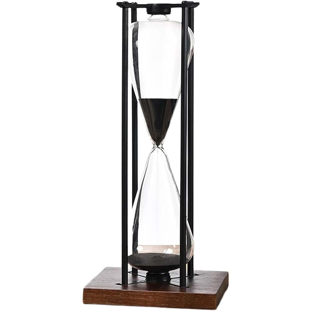 Dekoratif Metal Kum Saati Siyah Kum 28 x 14 cm Ahşap Kaideli Masaüstü Dekor - Siyah 30 Dk