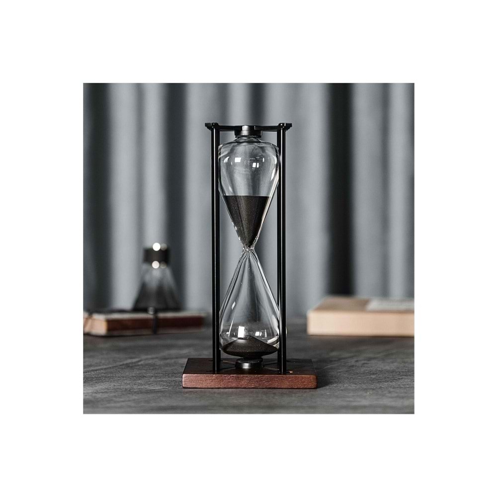 Dekoratif Metal Kum Saati Siyah Kum 28 x 14 cm Ahşap Kaideli Masaüstü Dekor - Siyah 30 Dk