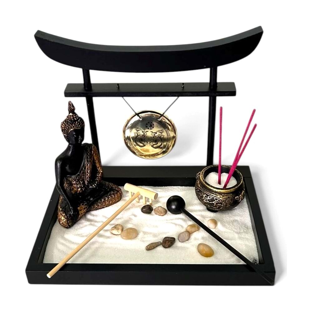 Zen Bahçesi Seti Buda Figürlü Gonglu ve Tütsülüklü Ahşap Masaüstü Meditasyon Seti 22 x 16 x 18 cm