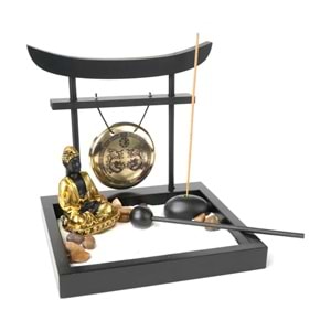 Zen Bahçesi Seti Altın Buda Figürlü Gonglu Tütsülüklü Ahşap Masaüstü Meditasyon Seti 15 x 13 x 15 cm