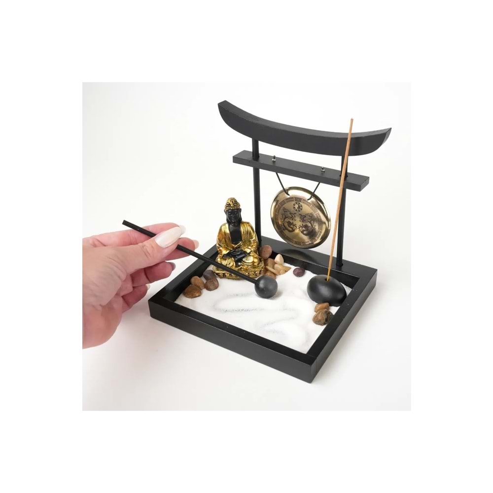 Zen Bahçesi Seti Altın Buda Figürlü Gonglu Tütsülüklü Ahşap Masaüstü Meditasyon Seti 15 x 13 x 15 cm