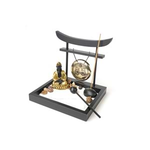 Zen Bahçesi Seti Altın Buda Figürlü Gonglu Tütsülüklü Ahşap Masaüstü Meditasyon Seti 15 x 13 x 15 cm