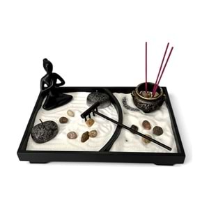 Yin Yang Zen Kum Bahçesi Yoga Figürlü Tütsülüklü Ahşap Masaüstü Meditasyon Seti 22,5 x 15 x 10 cm