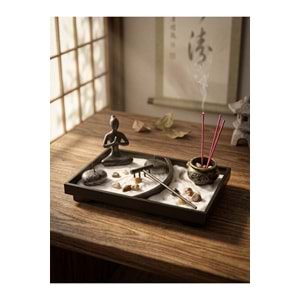 Yin Yang Zen Kum Bahçesi Yoga Figürlü Tütsülüklü Ahşap Masaüstü Meditasyon Seti 22,5 x 15 x 10 cm