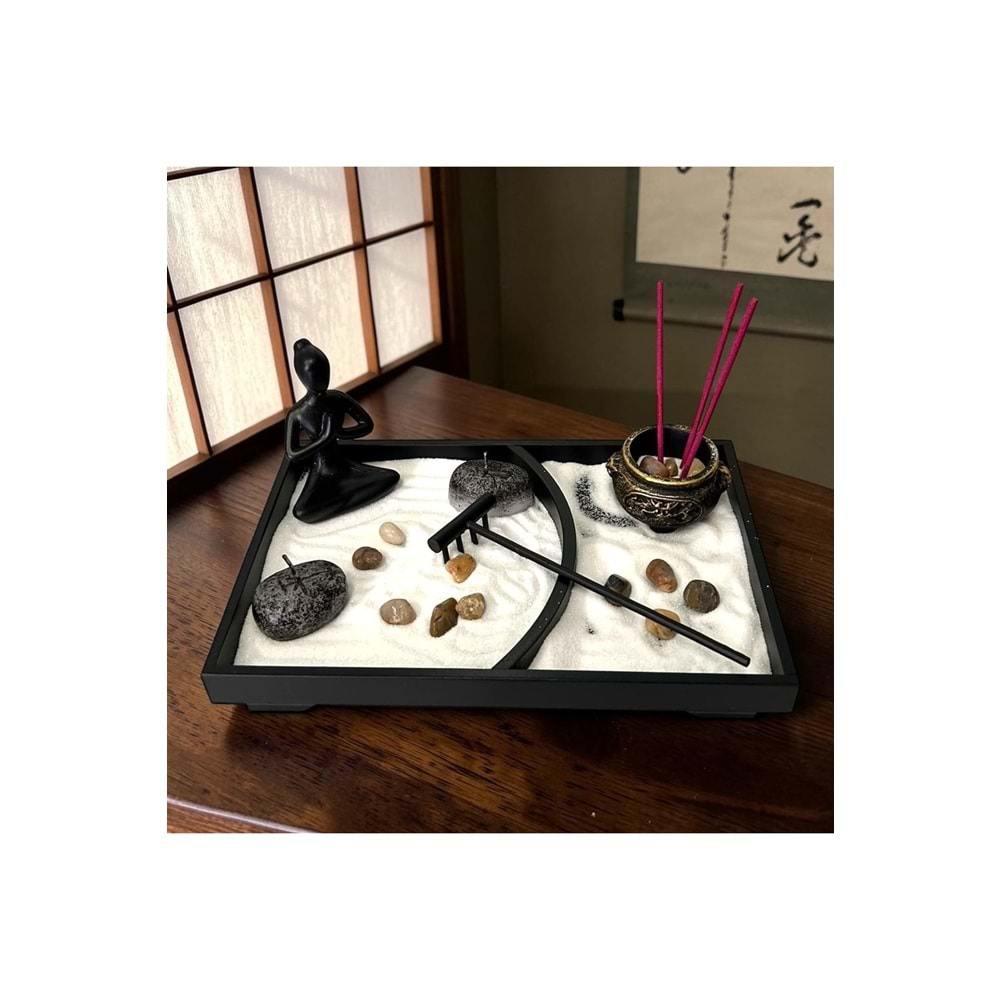 Yin Yang Zen Kum Bahçesi Yoga Figürlü Tütsülüklü Ahşap Masaüstü Meditasyon Seti 22,5 x 15 x 10 cm