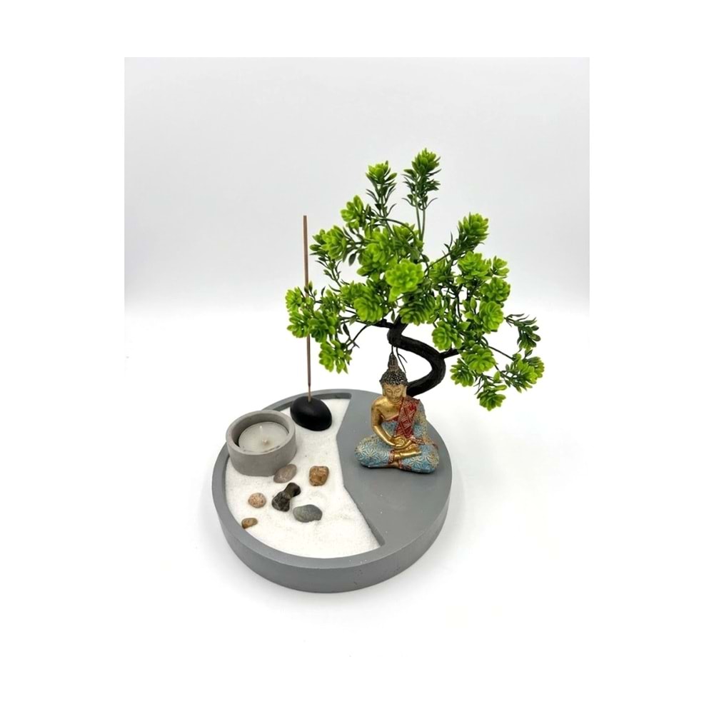 Yuvarlak Zen Kum Bahçesi Bonsai Ağaçlı Buda Figürlü Mumluklu Beton Masaüstü Meditasyon Seti 17 x 17 x 11 cm