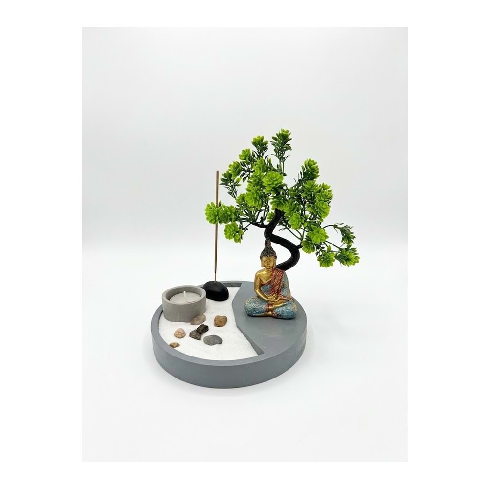 Yuvarlak Zen Kum Bahçesi Bonsai Ağaçlı Buda Figürlü Mumluklu Beton Masaüstü Meditasyon Seti 17 x 17 x 11 cm