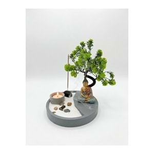 Yuvarlak Zen Kum Bahçesi Bonsai Ağaçlı Buda Figürlü Mumluklu Beton Masaüstü Meditasyon Seti 17 x 17 x 11 cm