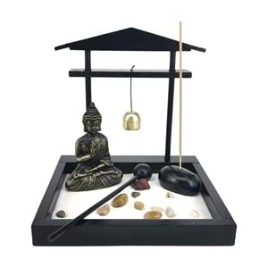 Zen Bahçesi Seti Buda Figürlü Çanlı Pagoda Tasarım Ahşap Masaüstü Meditasyon Seti 15 x 13 x 15 cm