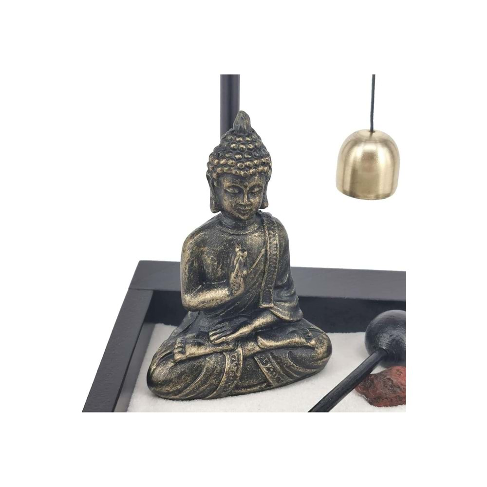 Zen Bahçesi Seti Buda Figürlü Çanlı Pagoda Tasarım Ahşap Masaüstü Meditasyon Seti 15 x 13 x 15 cm