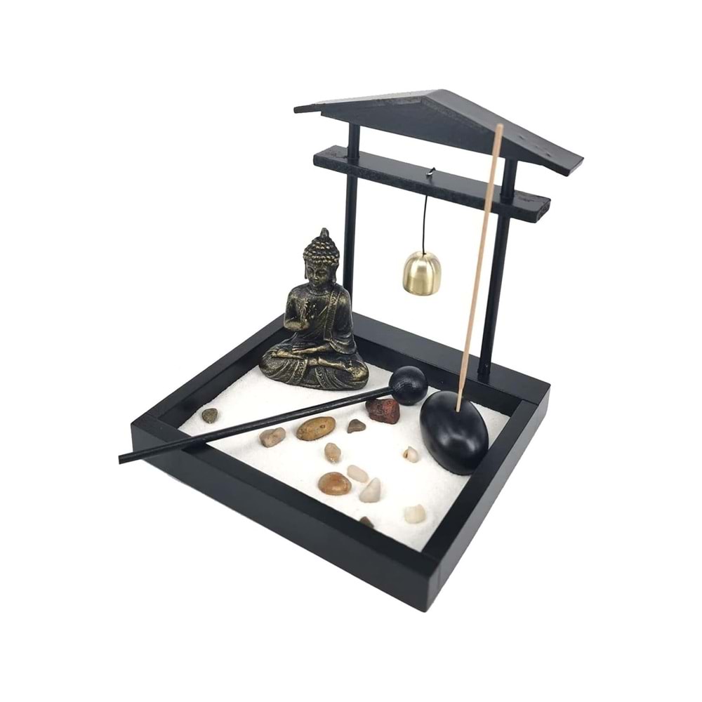 Zen Bahçesi Seti Buda Figürlü Çanlı Pagoda Tasarım Ahşap Masaüstü Meditasyon Seti 15 x 13 x 15 cm