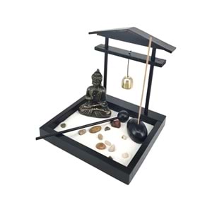 Zen Bahçesi Seti Buda Figürlü Çanlı Pagoda Tasarım Ahşap Masaüstü Meditasyon Seti 15 x 13 x 15 cm