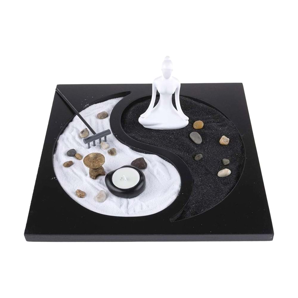 Yin Yang Zen Kum Bahçesi 30x30 cm – Meditasyon Figürü, Mumluk ve Taş Setli Dekoratif Hediye