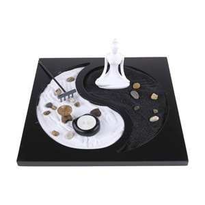 Yin Yang Zen Kum Bahçesi 30x30 cm – Meditasyon Figürü, Mumluk ve Taş Setli Dekoratif Hediye