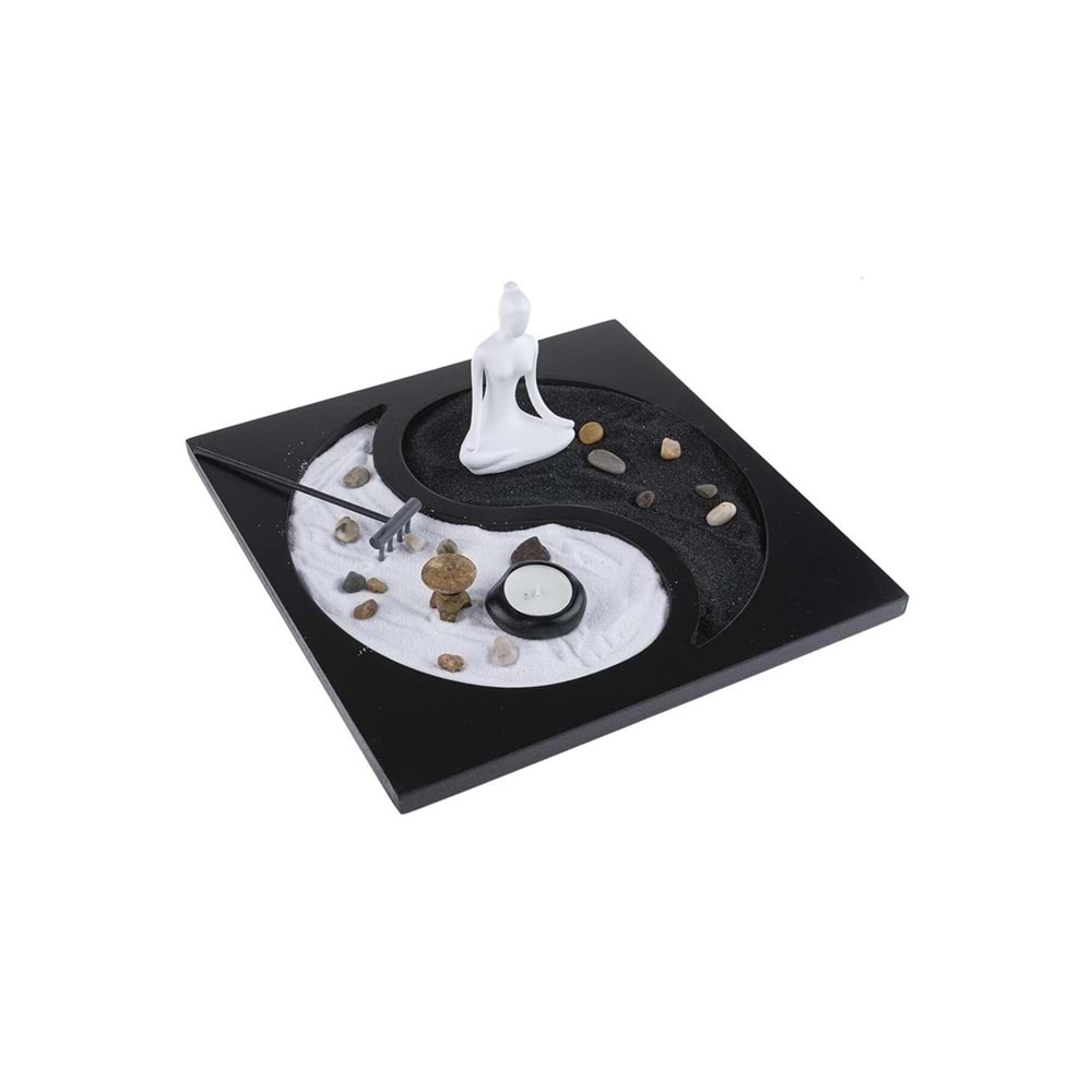 Yin Yang Zen Kum Bahçesi 30x30 cm – Meditasyon Figürü, Mumluk ve Taş Setli Dekoratif Hediye