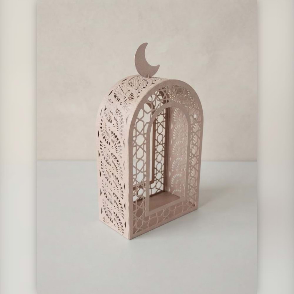 Metal Kemer Tasarımlı Hilal Detaylı Dekoratif Mumluk Fener 30 cm Ramazan Dekoru