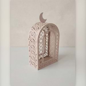 Metal Kemer Tasarımlı Hilal Detaylı Dekoratif Mumluk Fener 30 cm Ramazan Dekoru
