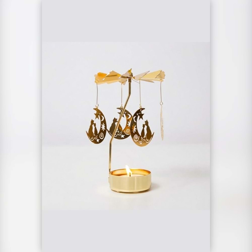 Dönen Mumluk Hilal Ay ve Kedi Figürlü Altın Metal Tealight Mum Tutucu Dekoratif Hediye 15 cm