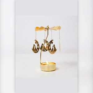 Dönen Mumluk Hilal Ay ve Kedi Figürlü Altın Metal Tealight Mum Tutucu Dekoratif Hediye 15 cm