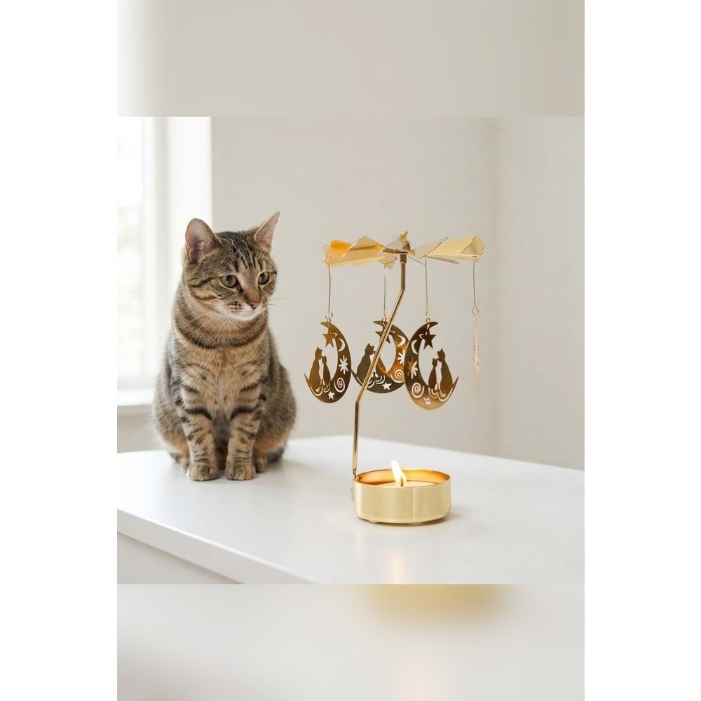 Dönen Mumluk Hilal Ay ve Kedi Figürlü Altın Metal Tealight Mum Tutucu Dekoratif Hediye 15 cm