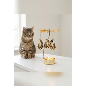 Dönen Mumluk Hilal Ay ve Kedi Figürlü Altın Metal Tealight Mum Tutucu Dekoratif Hediye 15 cm