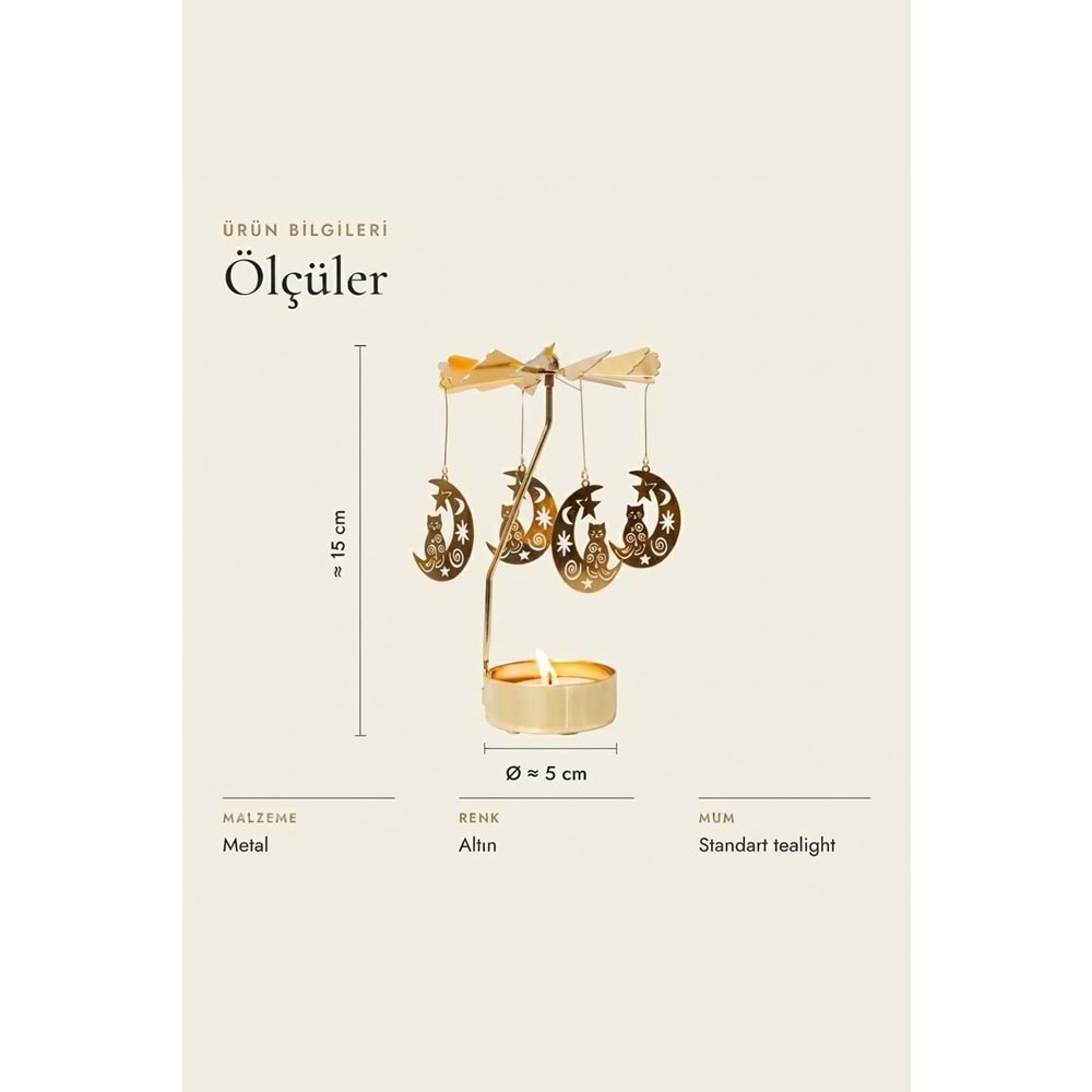 Dönen Mumluk Hilal Ay ve Kedi Figürlü Altın Metal Tealight Mum Tutucu Dekoratif Hediye 15 cm