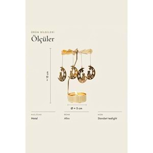 Dönen Mumluk Hilal Ay ve Kedi Figürlü Altın Metal Tealight Mum Tutucu Dekoratif Hediye 15 cm